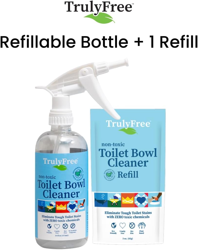 Truly Free Toilet Bowl Cleaner - Heavy-Duty Stain Remover - Septic Safe, Plant-Based Formula - Fresh Peppermint Scent - 1 Refill (3oz) with Empty Refillable Bottle