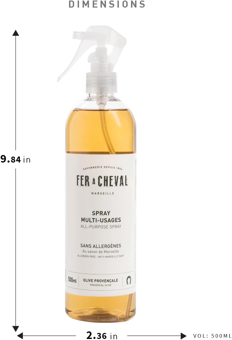Fer à Cheval Versatile All Purpose Spray Cleaner | Provençal Olive Scent All Purpose Cleaner Spray | Allergen-Free Formula Natural Marseille Soap | 2 Pack - 500ml