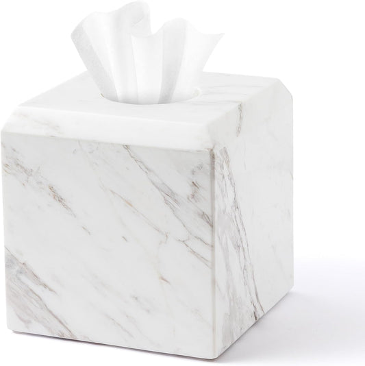 WORHE Tissue Box Cover Italy Natural Marble Heavy Duty Square Facial Toilet Paper Holder for Bathroom Living Room Bedroom Dresser Vanity Kitchen Minimalistic Office Home Decor Jazz White (WH014)