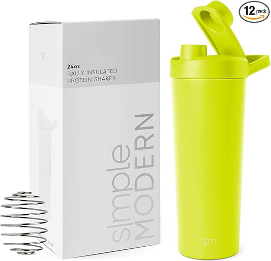 Simple Modern Stainless Steel Shaker Bottle with Ball 24oz | Metal Insulated Cup for Protein Mixes, Shakes and Pre Workout | Rally Collection | Chartreuse (Pack of 12)