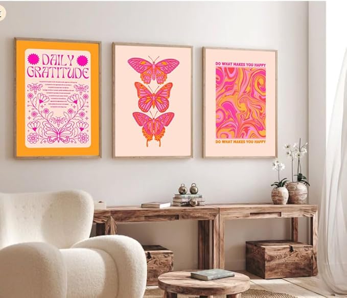 Hwetui Butterfly Wall Art Poster Set of 3 - Pink Orange Preppy Wall Decor Pictures, Daily Gratitude Paintings Prints Aesthetic Home Decor for Girls Bedroom Dorm Apartment 12x16 inch Unframed