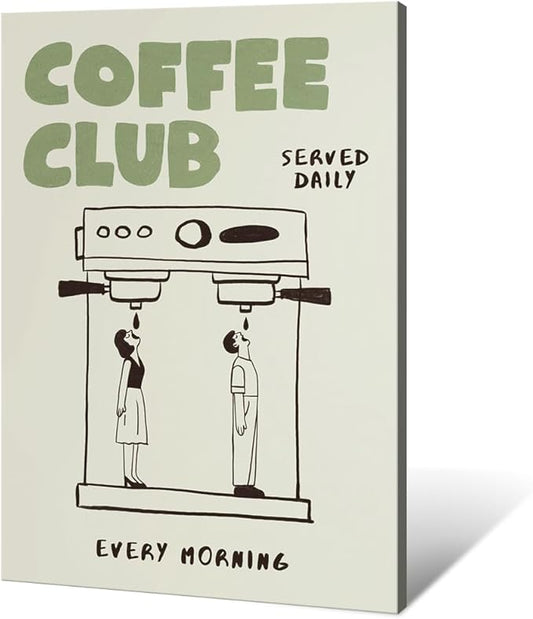 Funny Coffee Club Canvas Print Poster Served Daily Every Morning Sign Wall Art Minimalist Kitchen Whimsical Painting Home Decor Aesthetic Pictures for Living Room Cafe Bar 16x24inch Framed