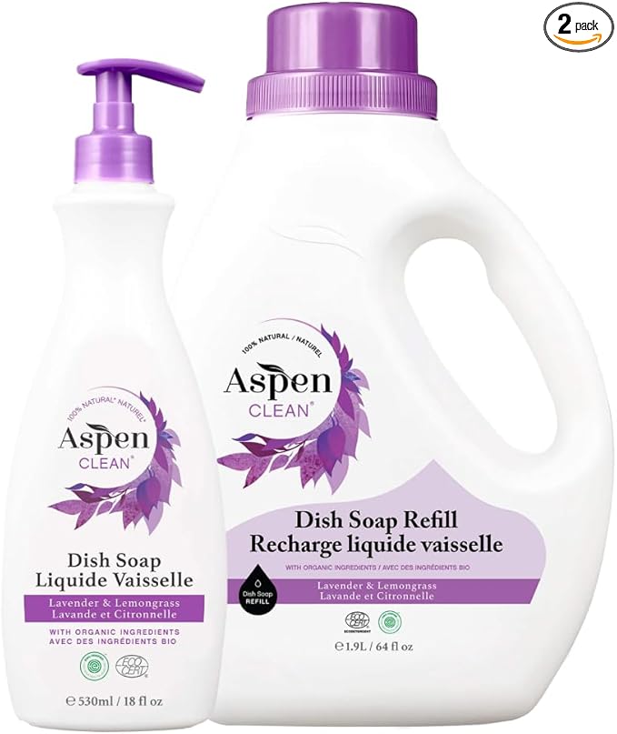 AspenClean Natural Dish Soap and Refill Lavender and Lemongrass - 100% Natural, Organic, Baby-Safe, Pet-Friendly, Vegan, Cruelty-Free, Biodegradable - EWG VERIFIED & EcoCert Certified