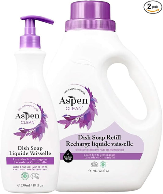 AspenClean Natural Dish Soap and Refill Lavender and Lemongrass - 100% Natural, Organic, Baby-Safe, Pet-Friendly, Vegan, Cruelty-Free, Biodegradable - EWG VERIFIED & EcoCert Certified