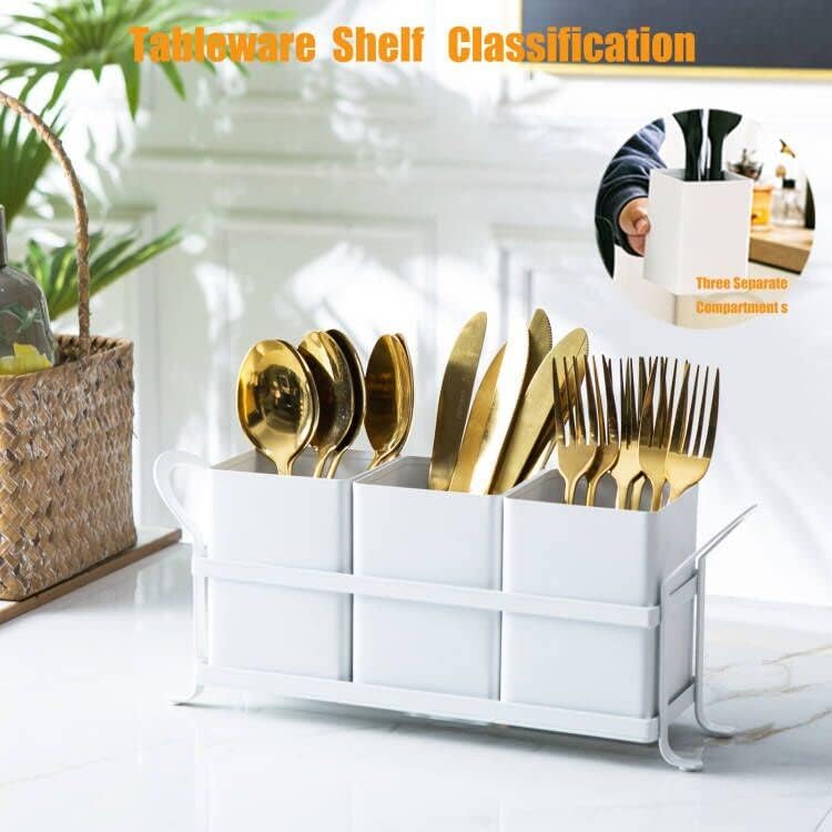 White Metal Utensil Caddy, 3 Compartments, Portable Design, Perfect for Countertop, Outdoor, and Camping