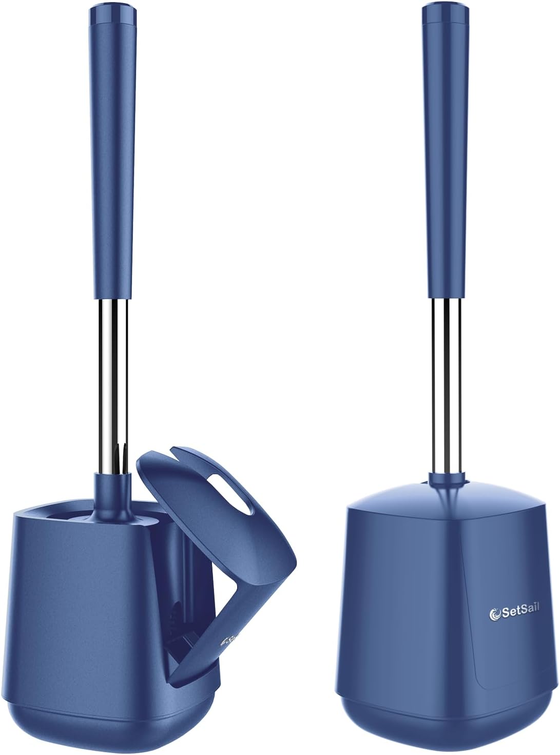 SetSail Toilet Brush and Holder, Self Closing Lid Toilet Bowl Brushes Holder and Extra Long Handle Ventilated Toilet Brush Set for Bathroom Cleaning, Nylon Bristles, 2 Packs-Dark & Blue