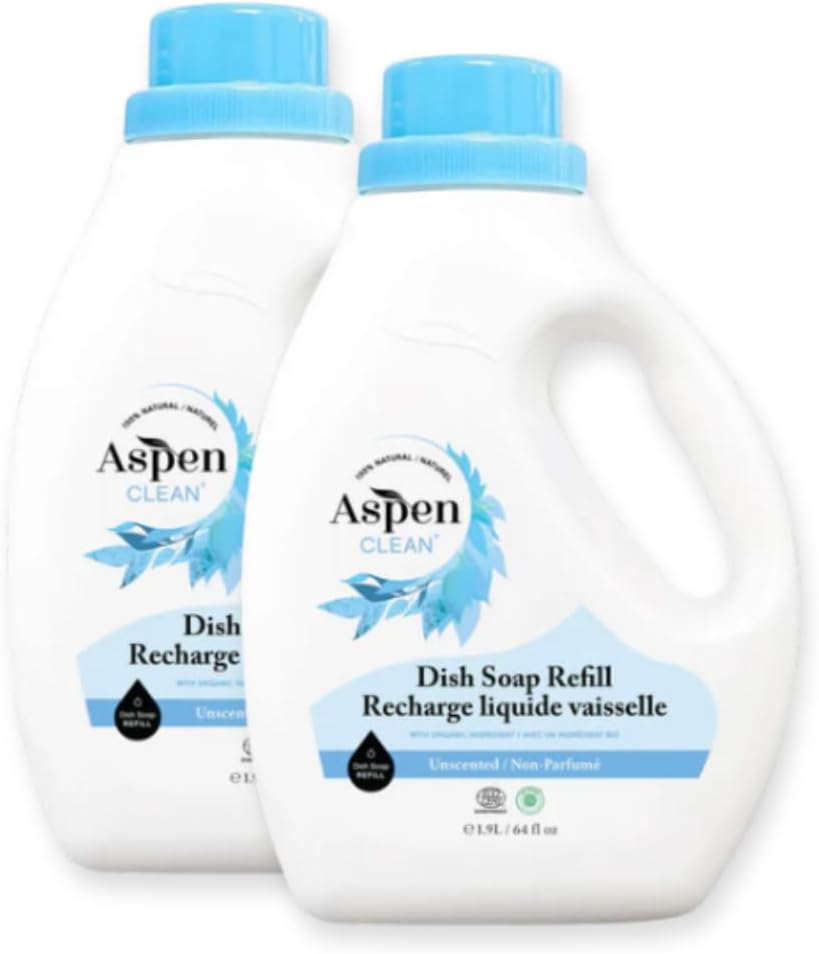 AspenClean Natural Dish Soap Refill Unscented - 100% Natural, Organic, Baby-Safe, Pet-Friendly, Hypoallergenic Formula - Vegan, Cruelty-Free, Biodegradable - EWG VERIFIED & EcoCert Certified (2 Pack)