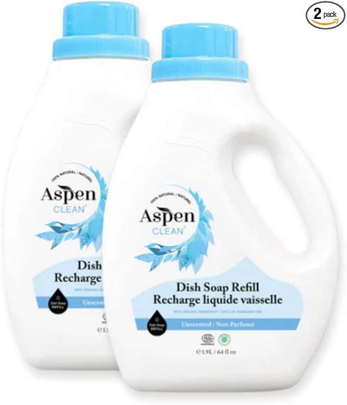 AspenClean Natural Dish Soap Refill Unscented - 100% Natural, Organic, Baby-Safe, Pet-Friendly, Hypoallergenic Formula - Vegan, Cruelty-Free, Biodegradable - EWG VERIFIED & EcoCert Certified (2 Pack)