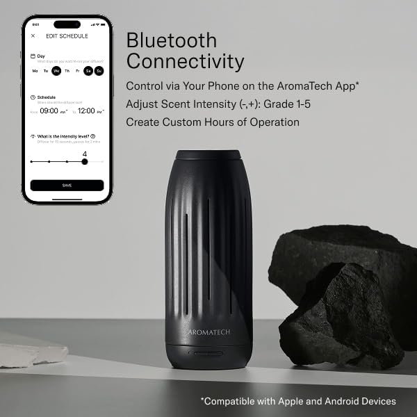 AromaTech Ambience Mini Scent Diffuser for Essential Oil Blends & Fragrances – Waterless Scent Machine w/Bluetooth for Smaller Spaces, Bathroom, Office, More - 600 Sq Ft – Charcoal Acrylic