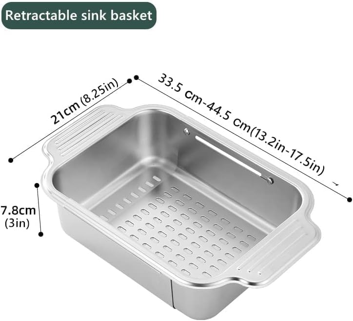 ZDRongZhen Kitchen Supply-Over the Sink Colander Strainer Basket Stainless Steel Retractable Kitchen Sink Basket -Wash Vegetables and Fruits, Drain Pasta and Dry Dishes,Extendable (Medium Silver)