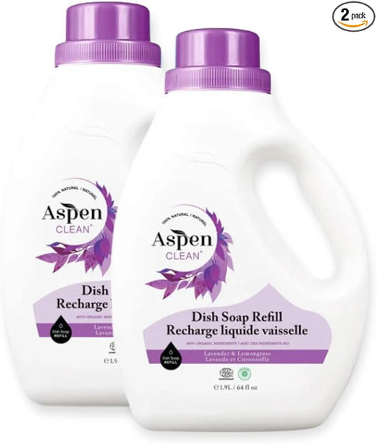 AspenClean Natural Dish Soap Refill Lavender and Lemongrass - 100% Natural, Organic, Baby-Safe, Pet-Friendly, Vegan, Cruelty-Free, Biodegradable - EWG VERIFIED & EcoCert Certified (2 Pack)