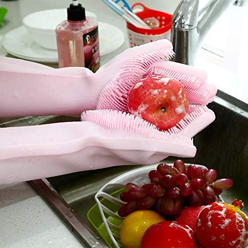 Silicone Dishwashing Gloves, Pet Grooming Rubber Scrubbing for Dishes, Sponge Wash Cleaning with Scrubbers (13.6" L)