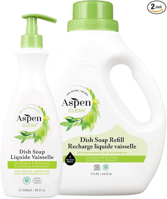 AspenClean Natural Dish Soap and Refill Eucalyptus and Rosemary - 100% Natural, Organic, Baby-Safe, Pet-Friendly, Vegan, Cruelty-Free, Biodegradable - EWG VERIFIED & EcoCert Certified
