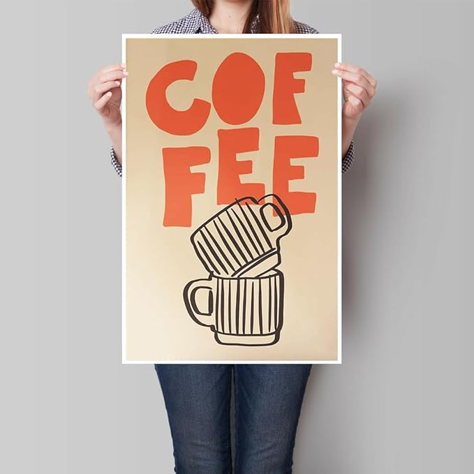 Retro Italian Espresso Coffee Bold Orange Sign Wall Art Stacked Black Stripe Coffee Cups Canvas Print Poster Modern Kitchen Minimalist Line Aesthetic Pictures Boho Decor for Cafe 12x16inch Unframed