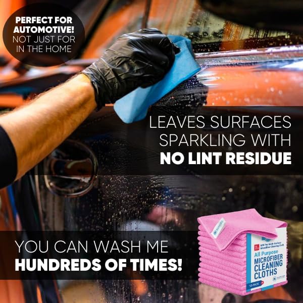 Microfiber Wholesale 12" x 12" MW Pro Multi-Surface Cleaning Cloths Pink - 12 Pack | Premium Microfiber Towels for Cleaning Glass, Kitchens, Bathrooms, Automotive, Supplies & Products