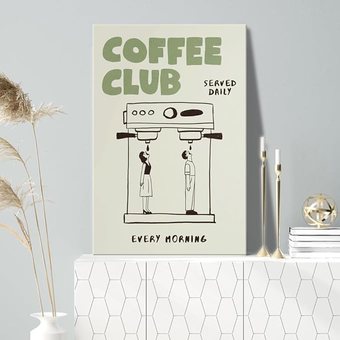Funny Coffee Club Canvas Print Poster Served Daily Every Morning Sign Wall Art Minimalist Kitchen Whimsical Painting Home Decor Aesthetic Pictures for Living Room Cafe Bar 20x30inch Framed