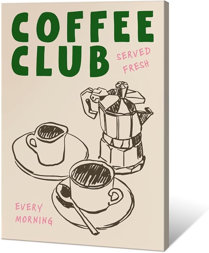 Vintage Coffee Club Wall Art Served Fresh Every Morning Sign Canvas Print Poster Sketch Moka Pot And Cups Minimalist Home Decor Aesthetic Pictures for Kitchen Bar Cafe Dining Room 20x30inch Framed