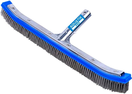 Aquatix Pro Pool Brush Head, 18" Heavy Duty for Cleaning Walls & Floors, Stainless Steel Bristles, Reinforced Aluminum Back, Curved Ends for Corners, EZ Clip, Swimming Pool Brushes for Tiles & Steps