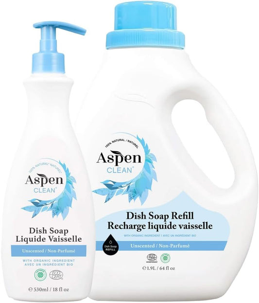 AspenClean Natural Dish Soap and Refill Unscented - 100% Natural, Organic, Baby-Safe, Pet-Friendly, Vegan, Cruelty-Free, Biodegradable - EWG VERIFIED & EcoCert Certified