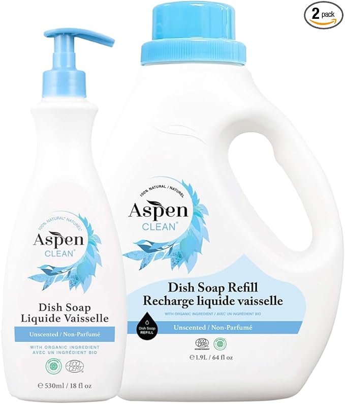 AspenClean Natural Dish Soap and Refill Unscented - 100% Natural, Organic, Baby-Safe, Pet-Friendly, Vegan, Cruelty-Free, Biodegradable - EWG VERIFIED & EcoCert Certified