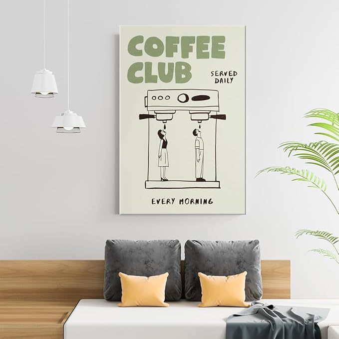 Funny Coffee Club Canvas Print Poster Served Daily Every Morning Sign Wall Art Minimalist Kitchen Whimsical Painting Home Decor Aesthetic Pictures for Living Room Cafe Bar 16x24inch Framed