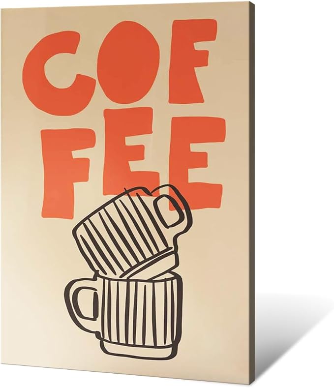 Retro Italian Espresso Coffee Bold Orange Sign Wall Art Stacked Black Stripe Coffee Cups Canvas Print Poster Modern Kitchen Minimalist Line Aesthetic Pictures Boho Decor for Bar Cafe 20x30inch Framed
