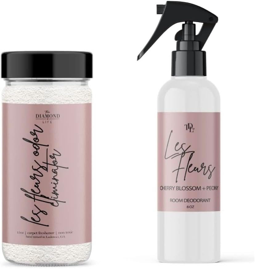 Home "Les Fleurs" Cherry Blossom & Peony Carpet Powder For Vacuuming, Upholstery Freshener With Room Spray, Air/Fabric/Room Odor Eliminator For Homes With Kids & Pets Bundle