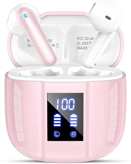 Wireless Earbuds, Bluetooth 5.4 Headphones, 48H, Stereo Ear Buds, LED Display Earphones with Mic, IP7 Waterproof In EarBud, Comfort Fit, Bluetooth Earbuds for Phone Android iOS, Sport, Walk, Pink