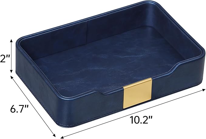PU Leather Valet Tray with Gold Accent, Decorative Nightstand Organizer Desk Trays Cologne Organizer for Men - Key Bowl Vanity Trinket Tray for Dresser Bedside Entryway Table (Navy Blue)