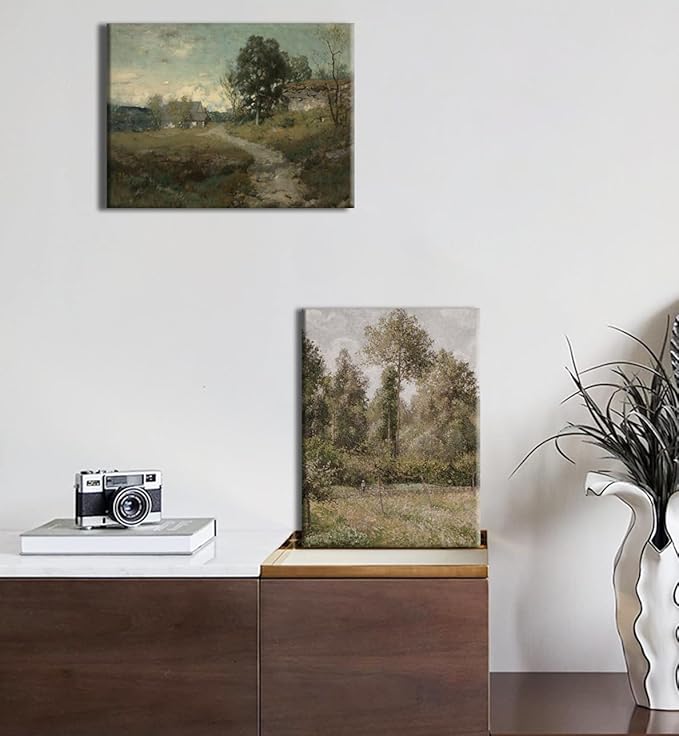 Vintage Landscape Canvas Wall Art Set of 3 - Meadow with Flowers Painting Prints,Rustic Farmhouse Posters Home Decor,Pastoral Outdoor Views Picture for Living Room Bedroom Bathroom 12x16in Framed