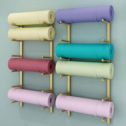 Yoga Mat Storage Rack, Wall Mounted Yoga Mat Holder, Large Capacity Storage Shelf, Multi-layer Storage, Home Hanging Storage Racks, Suitable for Home, Yoga Studio, Gym, School(Gold,3-Tier)