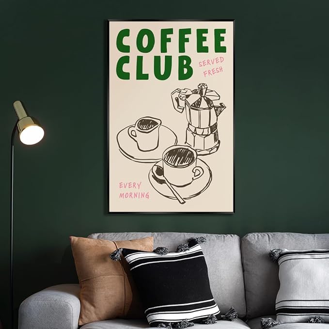 Vintage Coffee Club Wall Art Served Fresh Every Morning Sign Canvas Print Poster Sketch Moka Pot And Cups Minimalist Home Decor Aesthetic Pictures for Kitchen Bar Cafe 12x16inch Metal Black Frame