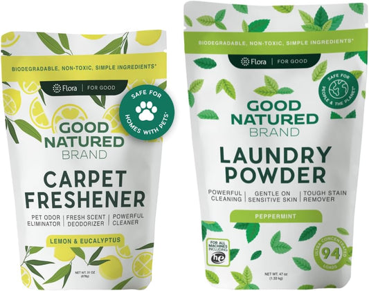 Good Natured Brand | Laundry Bundle | Carpet Freshener Lemon & Eucalyptus 31oz | Pet-Friendly Carpet Deodorizer | Laundry Powder Peppermint 47oz | Hypoallergenic Laundry Powder 94 Loads
