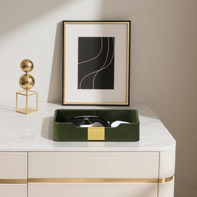 PU Leather Valet Tray with Gold Accent, Decorative Nightstand Organizer Desk Trays Cologne Organizer for Men - Key Bowl Vanity Trinket Tray for Dresser Bedside Entryway Table (Olive Green)