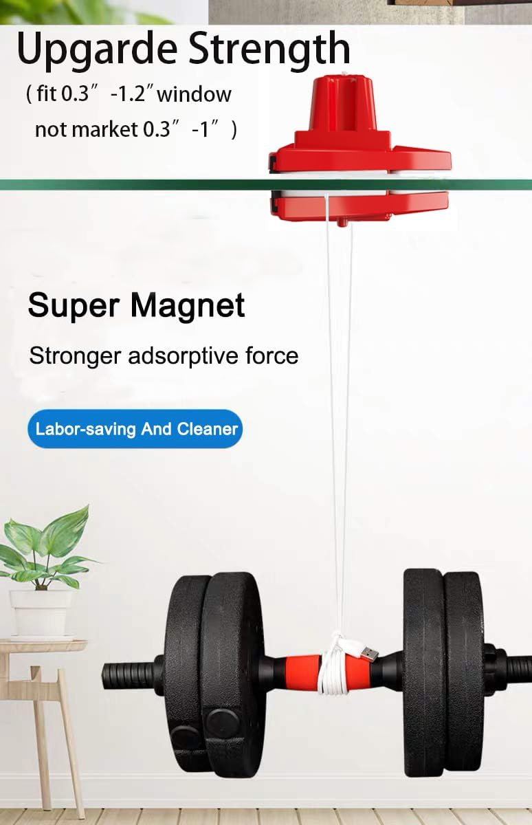 Fcare Outside Magnetic Window Cleaner, Double-Sided Brush Glass Wiper Cleaning Tools, Adjustable Magnetic Glider for High-Rise Double Glazed Thick Windows Thickness 0.3"-1.2" (red)