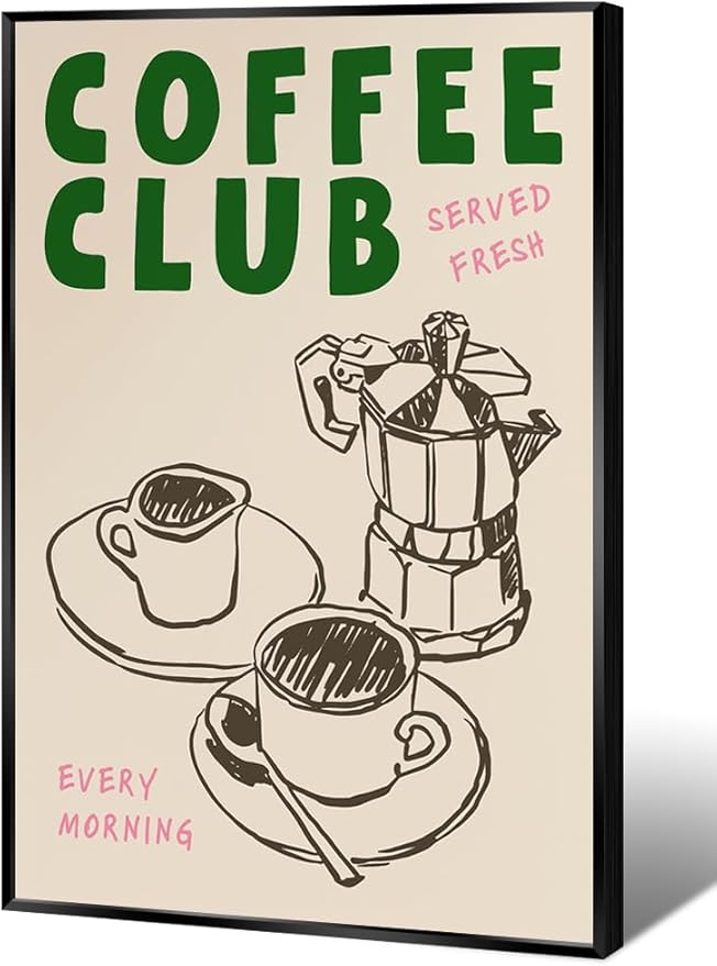 Vintage Coffee Club Wall Art Served Fresh Every Morning Sign Canvas Print Poster Sketch Moka Pot And Cups Minimalist Home Decor Aesthetic Pictures for Kitchen Bar Cafe 16x24inch Metal Black Frame