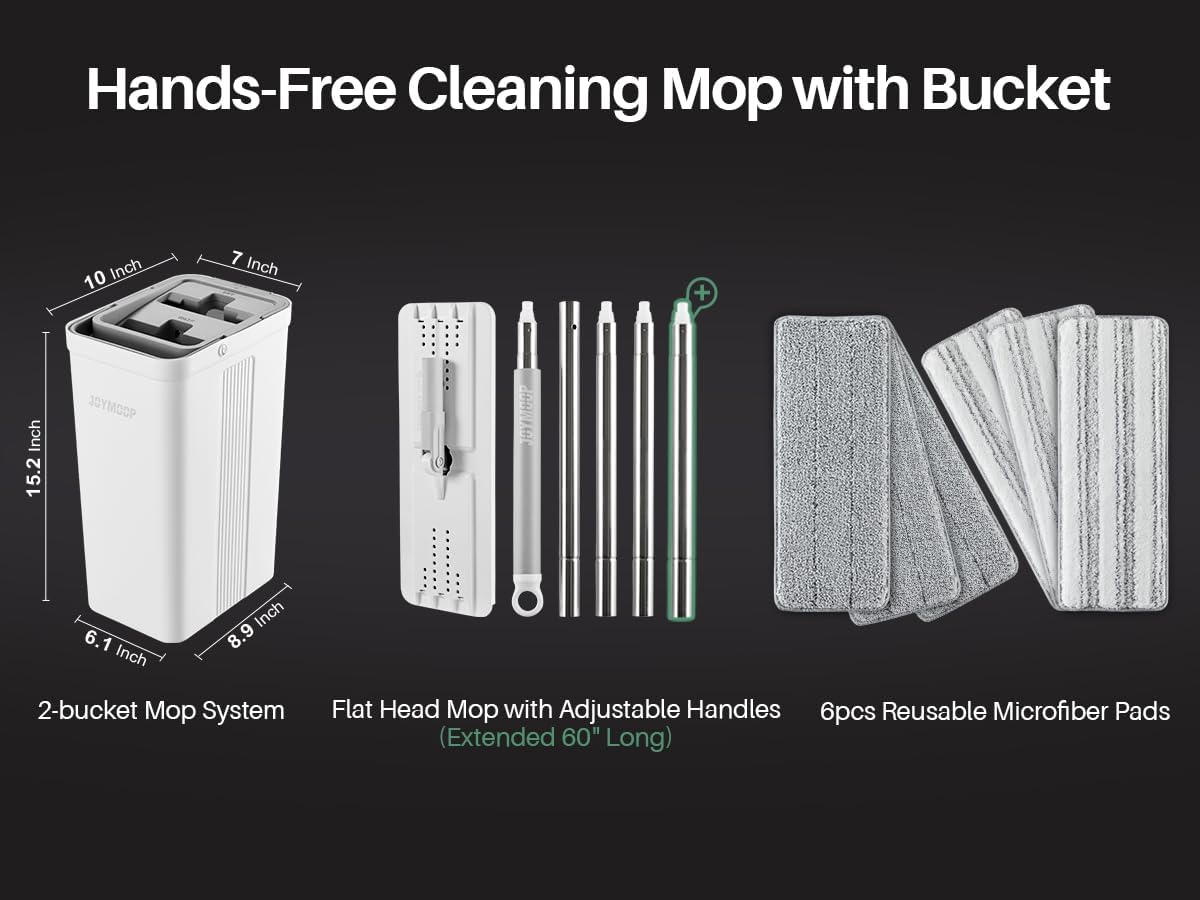 JOYMOOP Mop and Bucket Set with Wringer, Flat Mops for Floor Cleaning, Wall Mop Cleaner with Long Handle, Hardwood Floor Mop with 6 Microfiber Pads