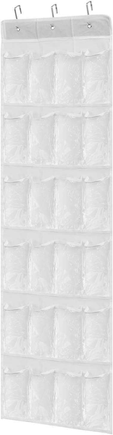 Flexzion Hanging Shoe Organizer, Over The Door Closet Shoes Storage Hanger, Footwear Holder, 24 Clear Plastic Pockets w/ 3 Steel Hooks for Cloth Cleaning Supplies House Stationery Accessories, White
