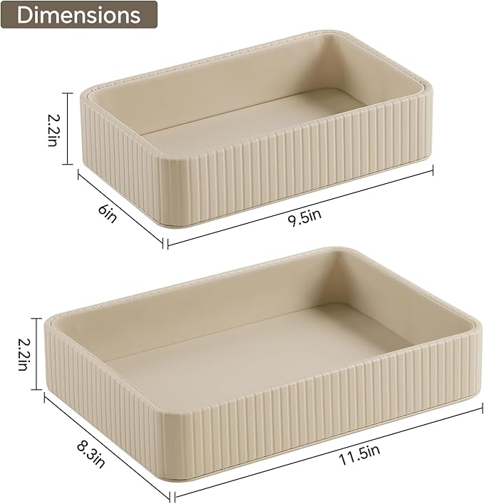 2 Pack Nightstand Organizer Tray, Decorative Perfume Valet Tray Trinket Dish Catch All Purse Key Bowl, PU Leather Coffee Table Trays for Vanity Dresser Bedside Bathroom Countertop (Beige)