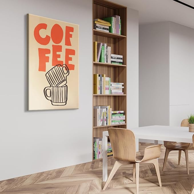 Retro Italian Espresso Coffee Bold Orange Sign Wall Art Stacked Black Stripe Coffee Cups Canvas Print Poster Modern Kitchen Minimalist Line Aesthetic Pictures Boho Decor for Bar Cafe 16x24inch Framed