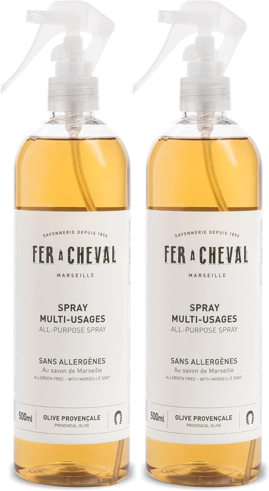 Fer à Cheval Versatile All Purpose Spray Cleaner | Provençal Olive Scent All Purpose Cleaner Spray | Allergen-Free Formula Natural Marseille Soap | 2 Pack - 500ml