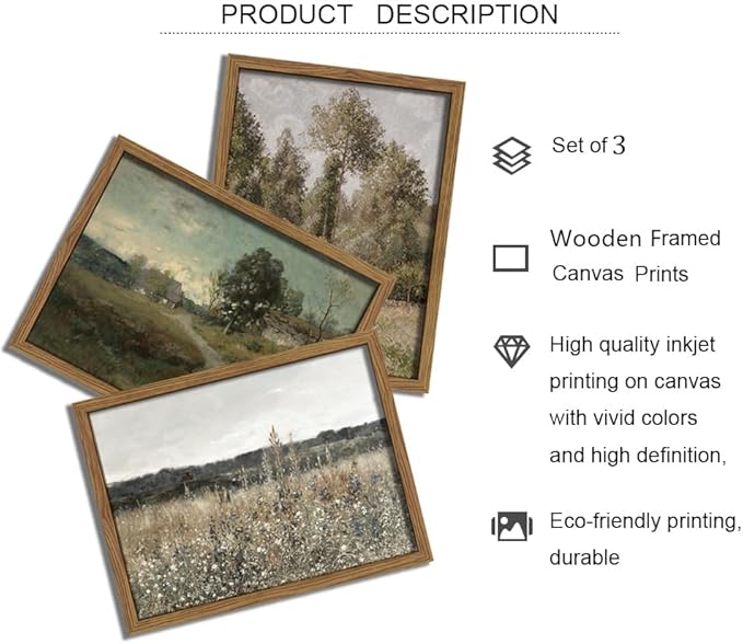 Hwetui Vintage Landscape Canvas Wall Art Framed Set of 3 Wildflower Field Poster Retro Rustic Farmhouse Prints Classical Nature Oil Painting Picture Home Decor for Living Room Bedroom Office 12x16in