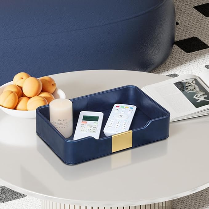 PU Leather Valet Tray with Gold Accent, Decorative Nightstand Organizer Desk Trays Cologne Organizer for Men - Key Bowl Vanity Trinket Tray for Dresser Bedside Entryway Table (Navy Blue)