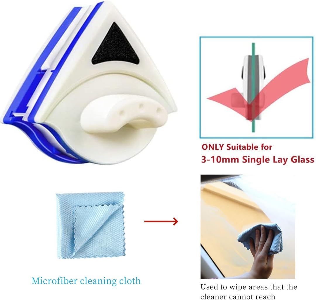 Double Sided Window Cleaner - Magnetic Window Glass Wiper Cleaning Tool for with Microfiber Cleaning Cloth (Blue) High-Rise Household Clean Windows Thickness 0.1''-0.3'' (Blue)