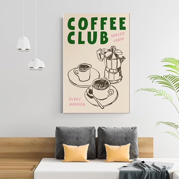 Vintage Coffee Club Wall Art Served Fresh Every Morning Sign Canvas Print Poster Sketch Moka Pot And Cups Minimalist Home Decor Aesthetic Pictures for Kitchen Bar Cafe Dining Room 24x36inch Unframed