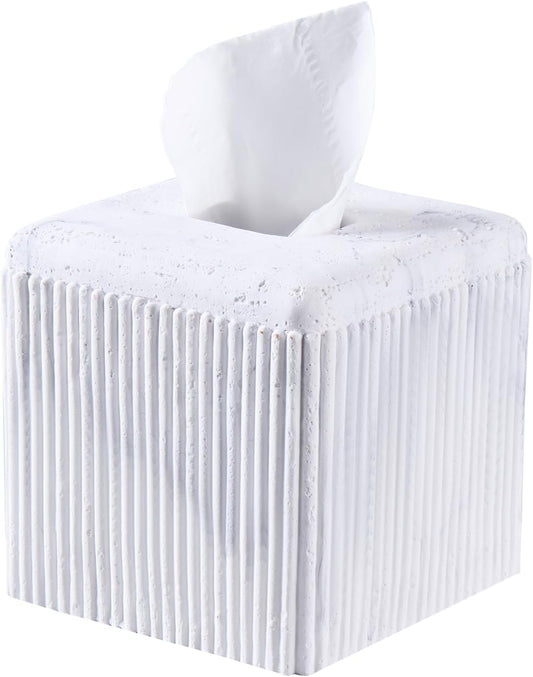 White Travertine Texture Striped Square Tissue Box Cover Decorative,Resin Heavy Sturdy Tissue Box Holder, Facial Paper Holder for Bathroom Vanity Countertop, Bedroom Night Stand,Office and End Table