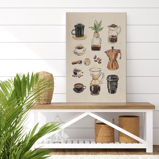 Vintage Espresso Coffee Chart Canvas Print Poster Kitchen Supplies Wall Art Minimalist Watercolor Painting Home Decor Aesthetic Pictures for Dining Room Cafe Shop Restaurant 20x30inch Framed