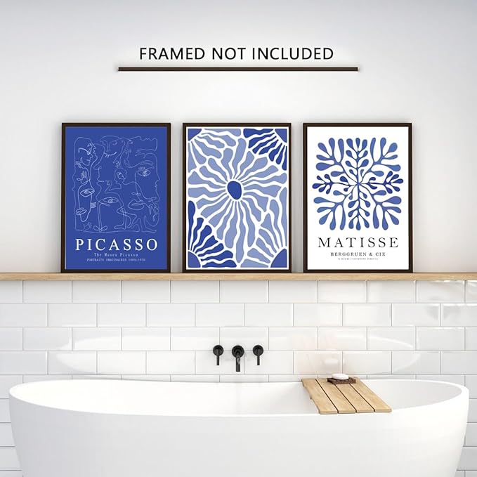 Blue Matisse Canvas Wall Art Poster Set of 3, Picasso Abstract Line Wall Decor Paintings Prints, Modern Minimalist Pictures Aesthetic Home Decor for Living Room Bedroom Office 16x24 inch Unframed