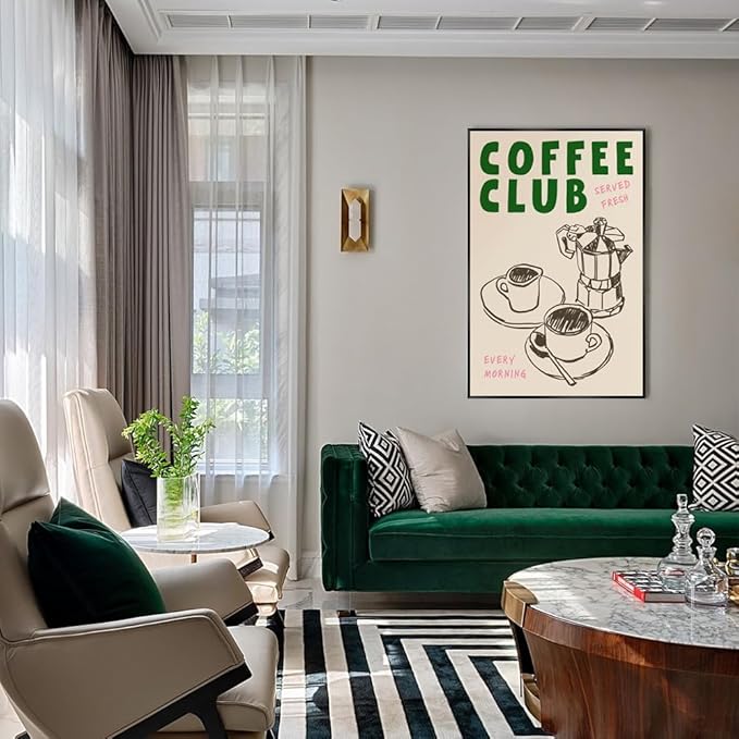 Vintage Coffee Club Wall Art Served Fresh Every Morning Sign Canvas Print Poster Sketch Moka Pot And Cups Minimalist Home Decor Aesthetic Pictures for Kitchen Bar Cafe 16x24inch Metal Black Frame