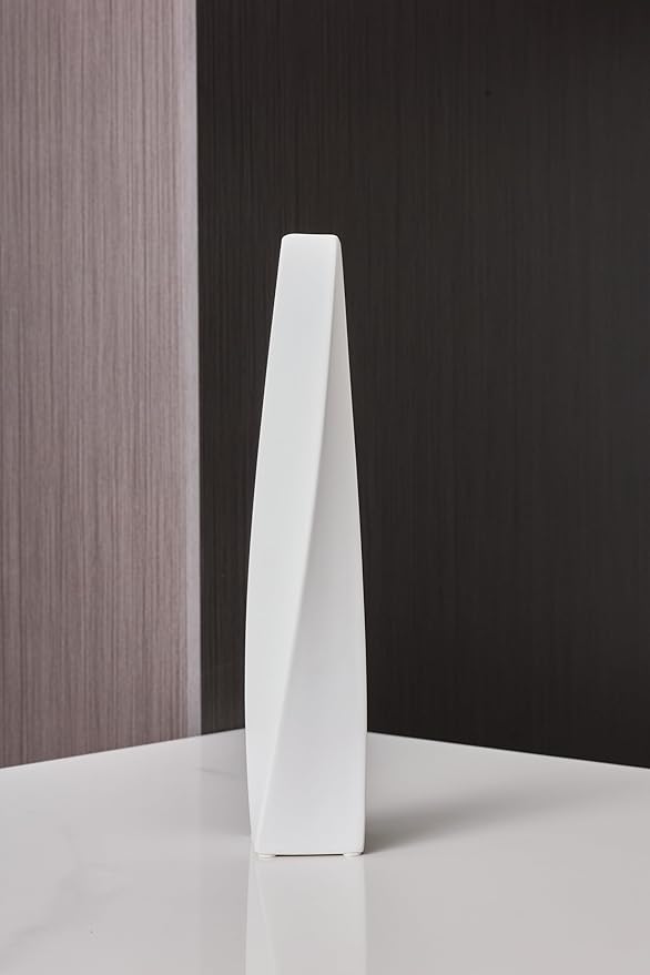White Ceramic Vase 13.5" Modern Minimalist with Rotating Geometric Design, Slim Dried Flower Centerpiece for Home Office, Living Room, Dining Room, Entryway Decoration